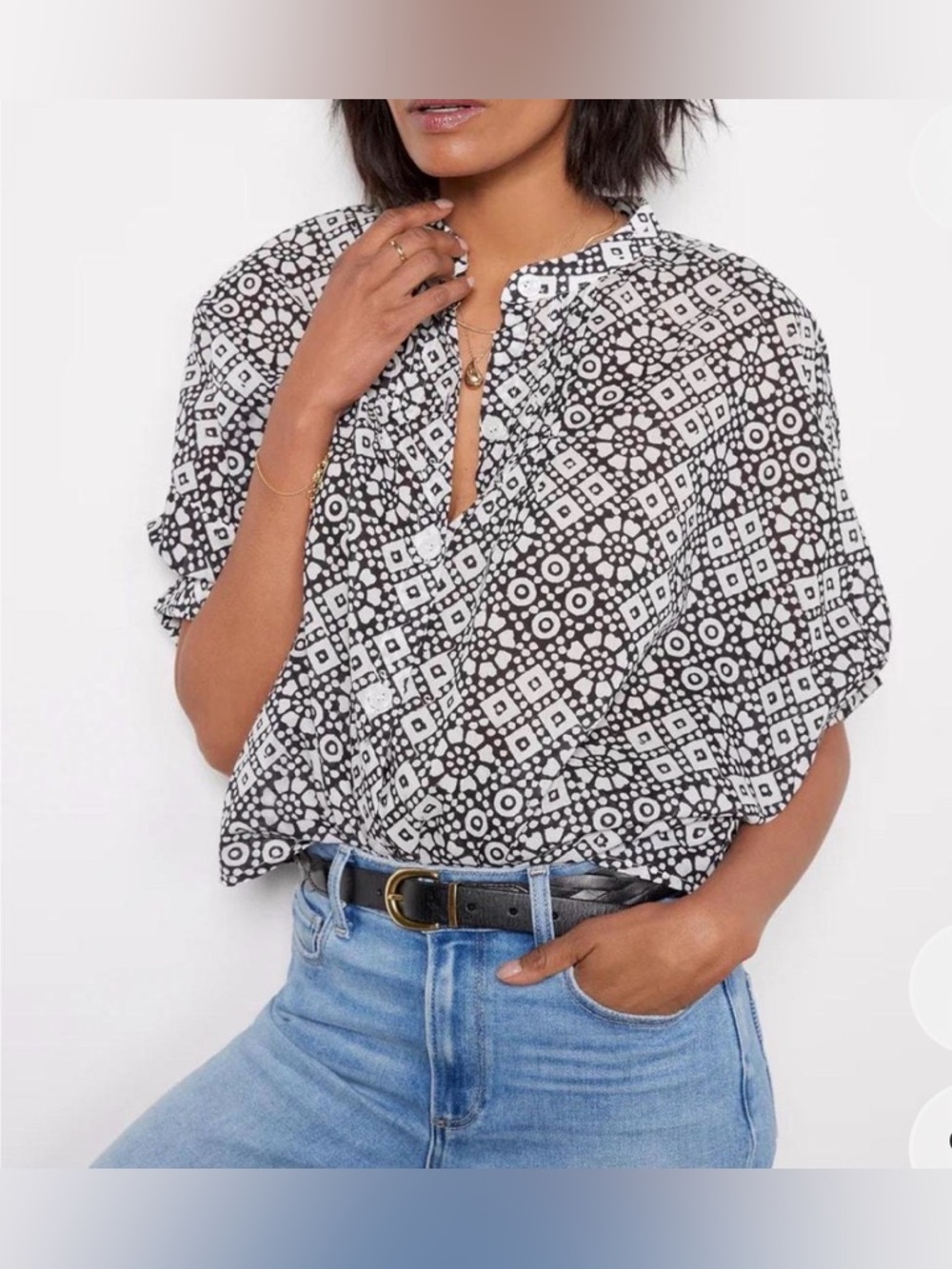 Emerson Fry India Collection Black White Block Print Button Front Top OS